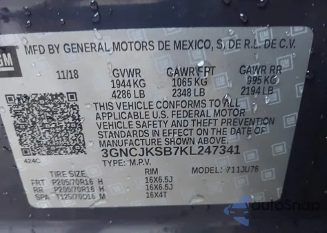 2019 Chevrolet Trax Ls z USA, uszkodzony, nr VIN 3GNCJKSB7KL247341